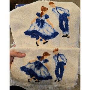 Vintage Morgan Jones Folk Art Hand Towels Pair Square Dance Blue Americana USA